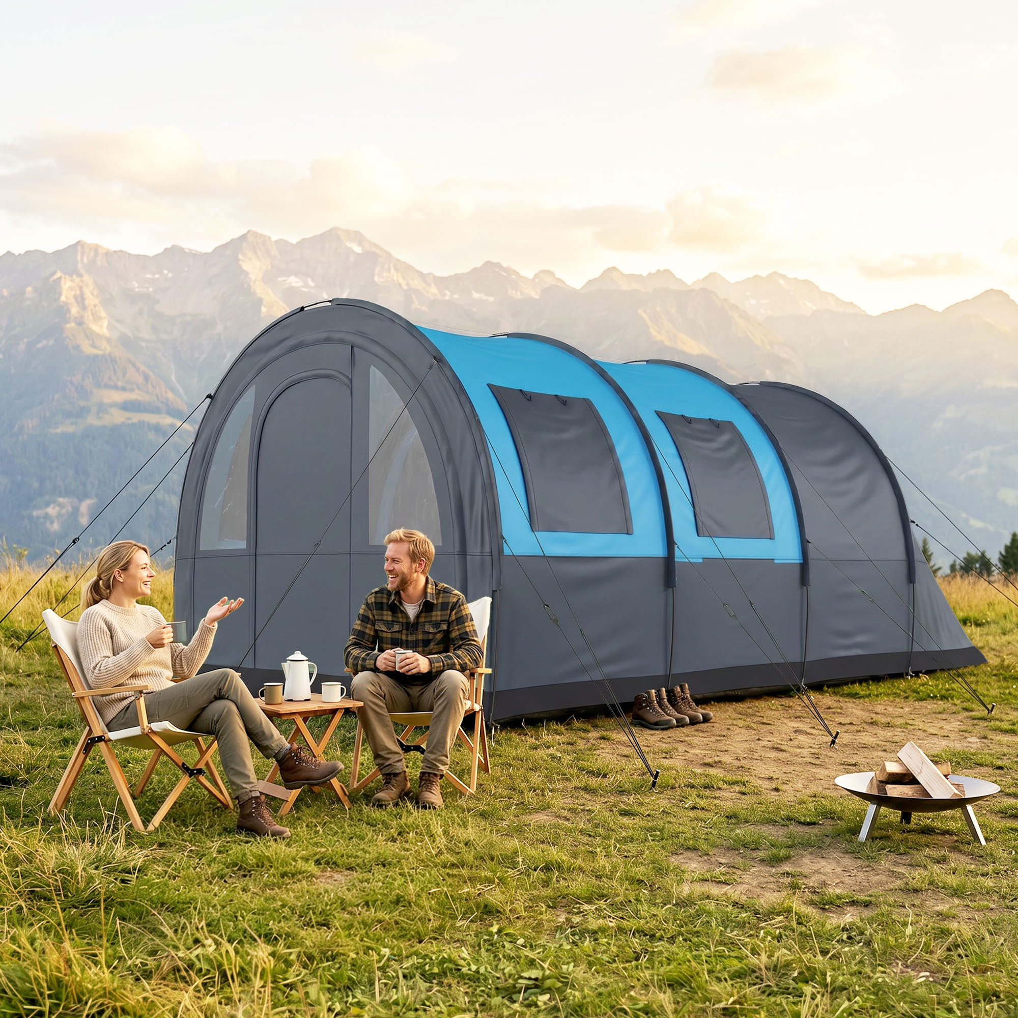 prezzi-tenda-campeggio-604kjd-1.jpg Outsunny Tenda da Campeggio 6 Posti Impermeabile Grigio e Blu | Aosom Italy - immagine 1