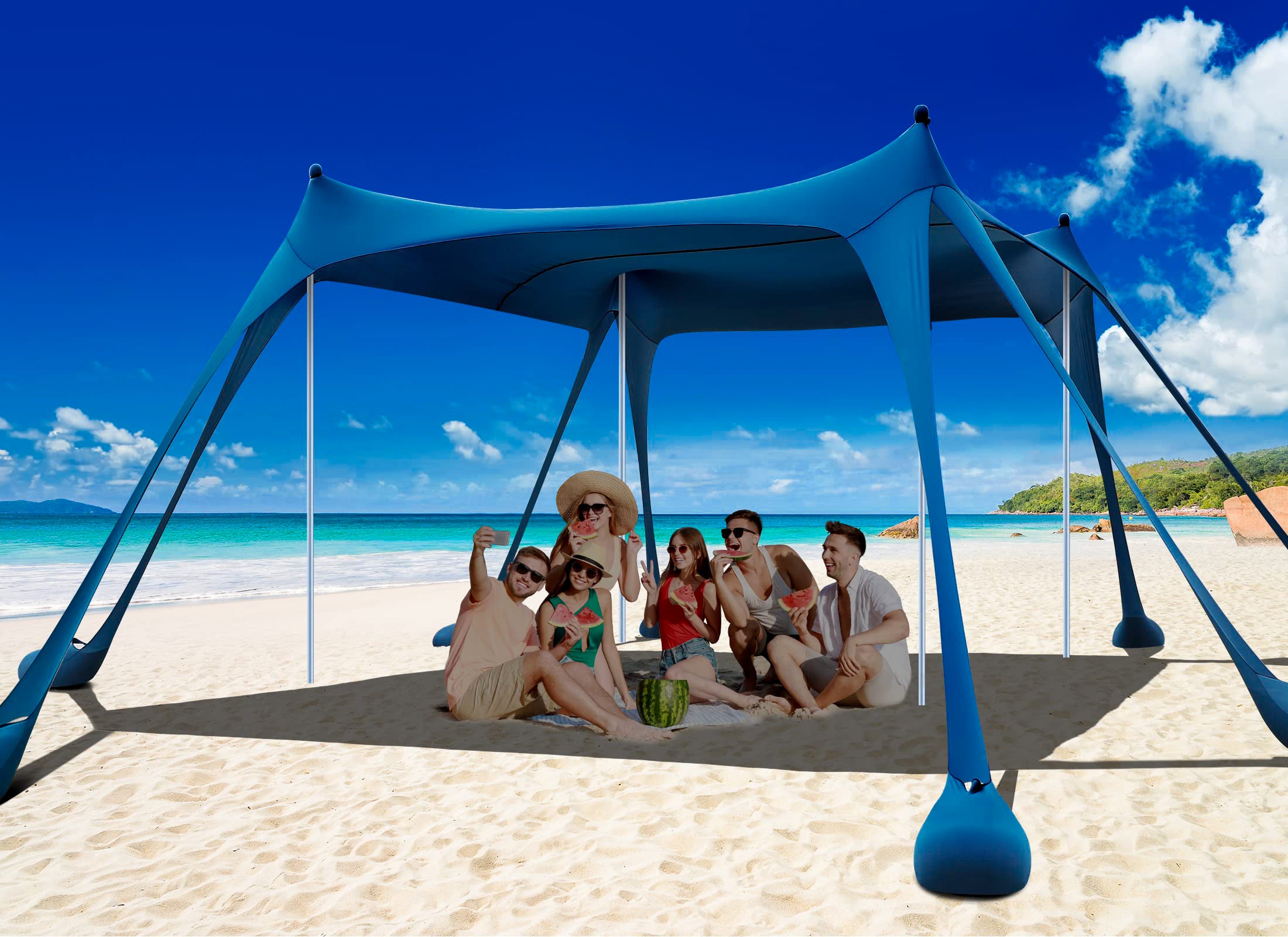 tenda-da-sole-per-spiaggia-200lhf-1.jpg Tenda da Spiaggia, Tenda da Sole da Campeggio UPF50+ con 8 Sacchi di Sabbia, Tenda da Spiaggia Ombreggiata Portatile per Esterni, 15 Piedi x 10 Piedi - immagine 1
