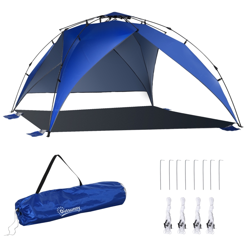 tenda-da-sole-per-spiaggia-231zqi-1.jpg Outsunny Tenda da Spiaggia Pop Up per 4 Persone, Tenda Parasole da Spiaggia con Corde e Paletti in Poliestere, 247x247x145cm, Blu | Aosom Italy - immagine 1