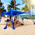 Tenda da spiaggia 10 x 10 piedi, tenda da sole da campeggio UPF50+ con 8 sacchi di sabbia, pale per sabbia, picchetti e pali di stabilità, blu | Leroy Merlin